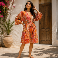 Vintage Kantha Kimono Robe — Handmade Cotton Dressing Orange Gown