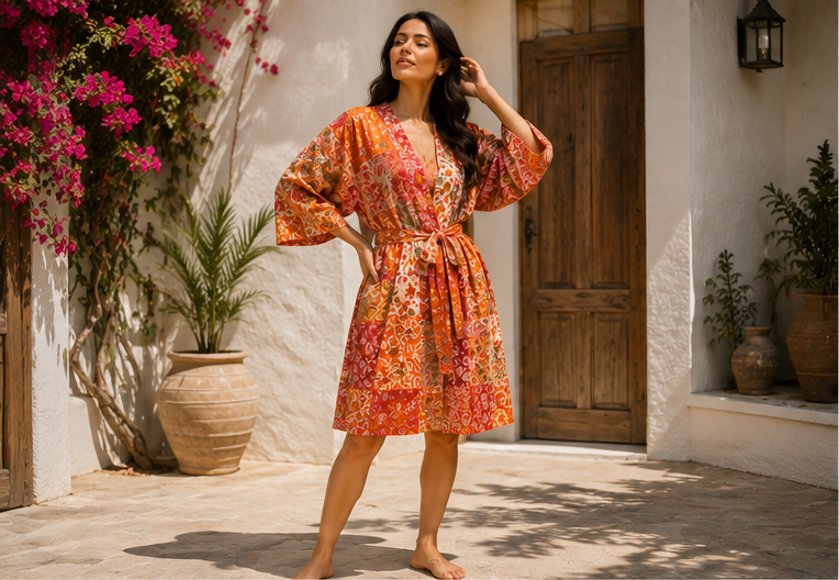 Vintage Kantha Kimono Robe — Handmade Cotton Dressing Orange Gown