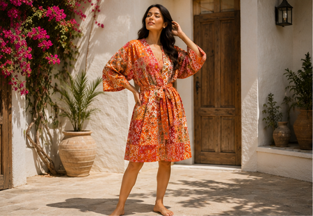 Vintage Kantha Kimono Robe — Handmade Cotton Dressing Orange Gown