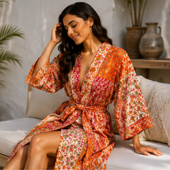 Vintage Kantha Kimono Robe — Handmade Cotton Dressing Orange Gown