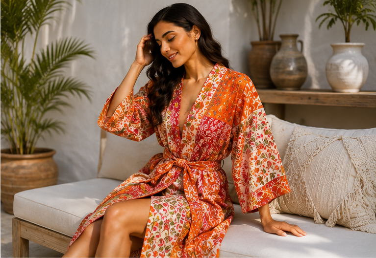 Vintage Kantha Kimono Robe — Handmade Cotton Dressing Orange Gown
