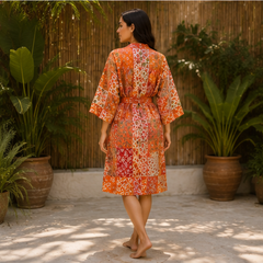 Vintage Kantha Kimono Robe — Handmade Cotton Dressing Orange Gown