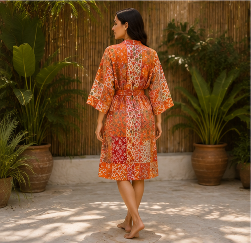 Vintage Kantha Kimono Robe — Handmade Cotton Dressing Orange Gown