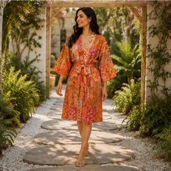 Vintage Kantha Kimono Robe — Handmade Cotton Dressing Orange Gown