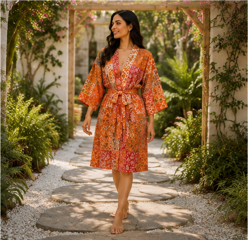 Vintage Kantha Kimono Robe — Handmade Cotton Dressing Orange Gown