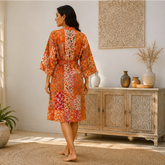 Vintage Kantha Kimono Robe — Handmade Cotton Dressing Orange Gown
