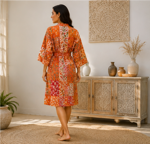 Vintage Kantha Kimono Robe — Handmade Cotton Dressing Orange Gown