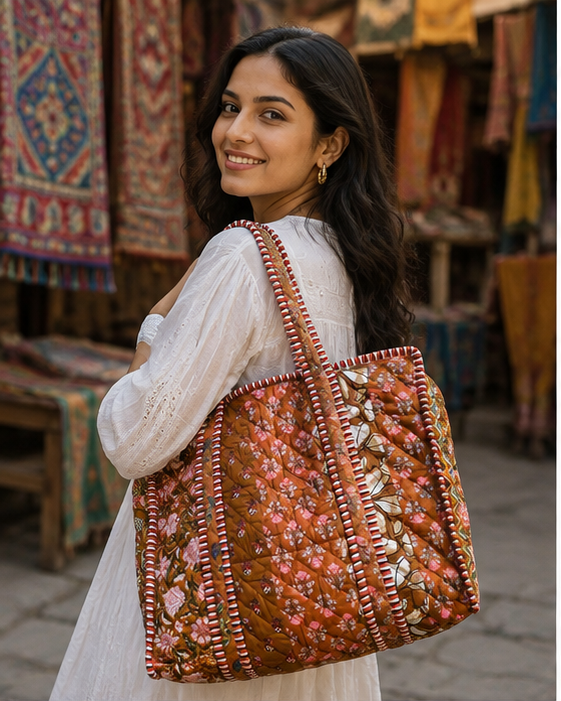 Cotton Tote Bag for Women | Sustainable Quilted Beach & Everyday Brown Tote - kraafty-com