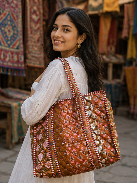 Cotton Tote Bag for Women | Sustainable Quilted Beach & Everyday Brown Tote - kraafty-com