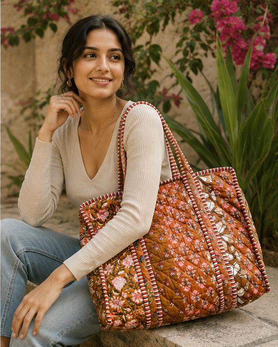Cotton Tote Bag for Women | Sustainable Quilted Beach & Everyday Brown Tote - kraafty-com