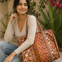 Cotton Tote Bag for Women | Sustainable Quilted Beach & Everyday Brown Tote - kraafty-com