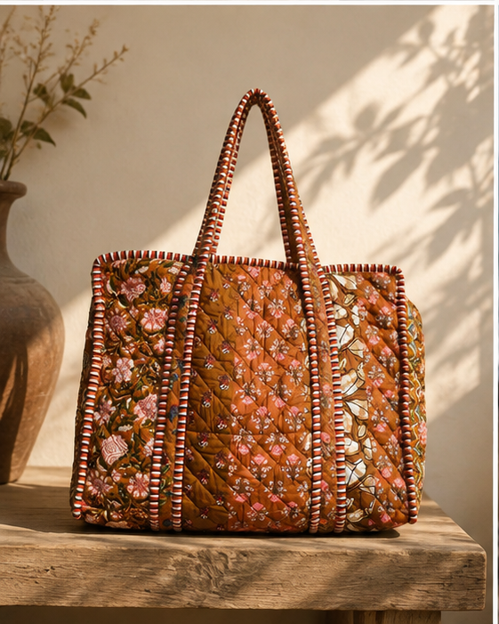 Cotton Tote Bag for Women | Sustainable Quilted Beach & Everyday Brown Tote - kraafty-com
