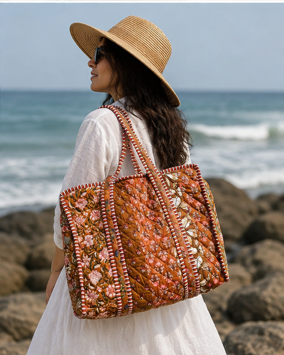Cotton Tote Bag for Women | Sustainable Quilted Beach & Everyday Brown Tote - kraafty-com