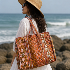Cotton Tote Bag for Women | Sustainable Quilted Beach & Everyday Brown Tote - kraafty-com