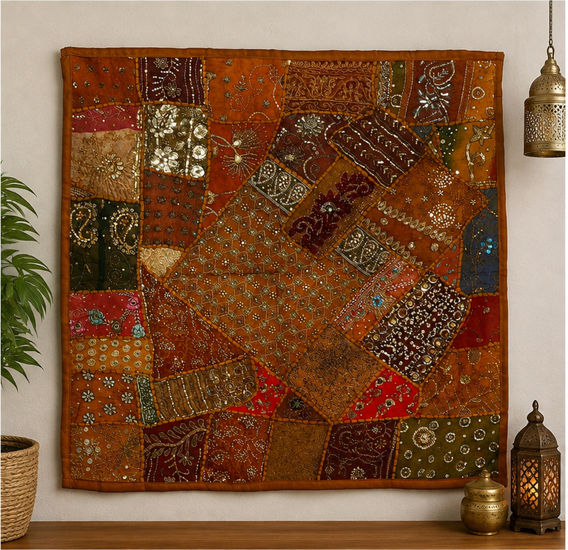 Large Cotton Brown Wall Tapestry — Khambhadiya Boho Bedroom Decor