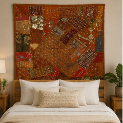 Large Cotton Brown Wall Tapestry — Khambhadiya Boho Bedroom Decor