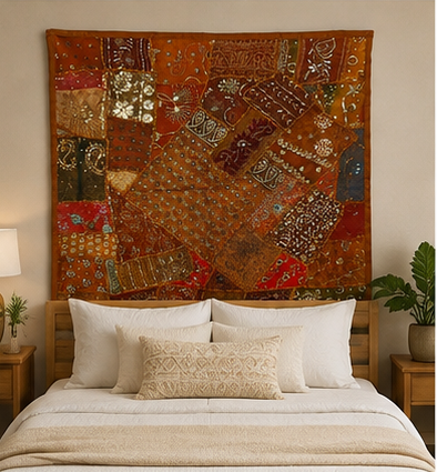 Large Cotton Brown Wall Tapestry — Khambhadiya Boho Bedroom Decor
