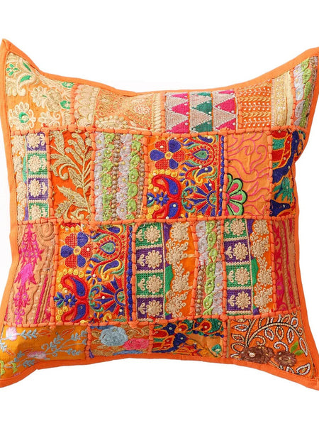 Handmade Indian Embroidered Patchwork Cotton Cushion Cover - 16x16 Inch (40x40 cm) - Artisan Home Decor for Sofa, Couch, Floor, Meditation & Ottoman - 11