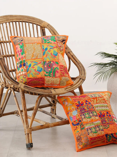 Handmade Indian Embroidered Patchwork Cotton Cushion Cover - 16x16 Inch (40x40 cm) - Artisan Home Decor for Sofa, Couch, Floor, Meditation & Ottoman - 11