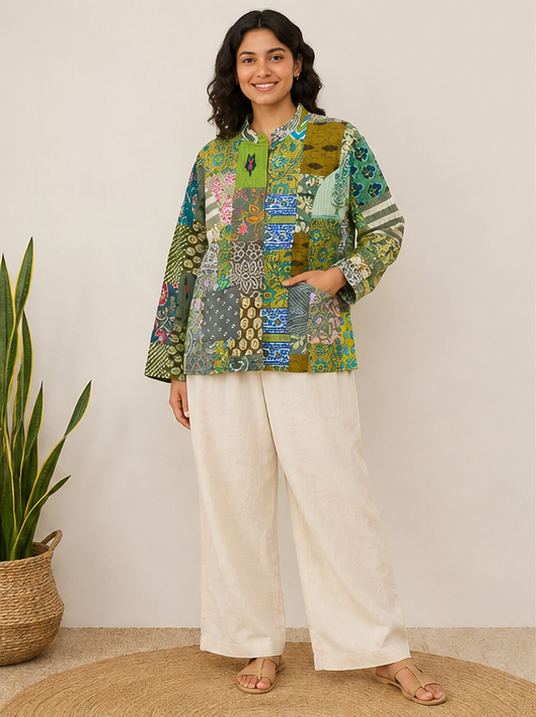 Cotton Kantha Quilt Jacket for Women | Patchwork Handmade Green Boho Jacket - kraafty-com