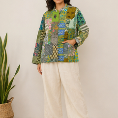 Cotton Kantha Quilt Jacket for Women | Patchwork Handmade Green Boho Jacket - kraafty-com