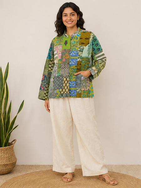 Cotton Kantha Quilt Jacket for Women | Patchwork Handmade Green Boho Jacket - kraafty-com