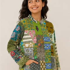 Cotton Kantha Quilt Jacket for Women | Patchwork Handmade Green Boho Jacket - kraafty-com