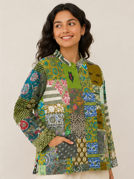 Cotton Kantha Quilt Jacket for Women | Patchwork Handmade Green Boho Jacket - kraafty-com
