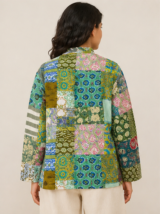 Cotton Kantha Quilt Jacket for Women | Patchwork Handmade Green Boho Jacket - kraafty-com