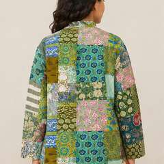Cotton Kantha Quilt Jacket for Women | Patchwork Handmade Green Boho Jacket - kraafty-com