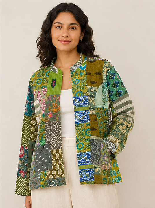 Cotton Kantha Quilt Jacket for Women | Patchwork Handmade Green Boho Jacket - kraafty-com