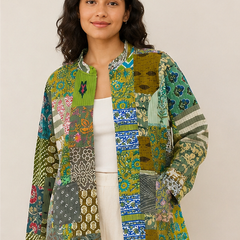 Cotton Kantha Quilt Jacket for Women | Patchwork Handmade Green Boho Jacket - kraafty-com