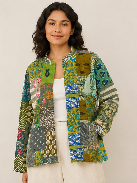 Cotton Kantha Quilt Jacket for Women | Patchwork Handmade Green Boho Jacket - kraafty-com