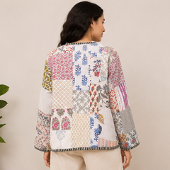 Cotton Kantha Quilt Jacket for Women | patchwork Handmade White Boho Jacket - kraafty-com