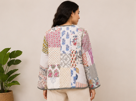 Cotton Kantha Quilt Jacket for Women | patchwork Handmade White Boho Jacket - kraafty-com