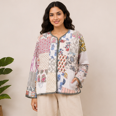 Cotton Kantha Quilt Jacket for Women | patchwork Handmade White Boho Jacket - kraafty-com
