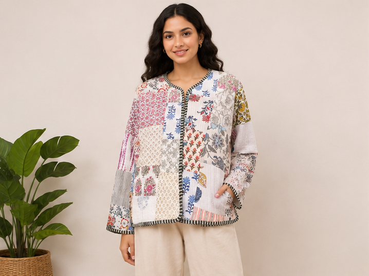 Cotton Kantha Quilt Jacket for Women | patchwork Handmade White Boho Jacket - kraafty-com