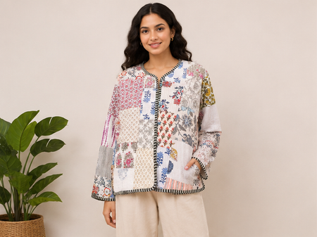Cotton Kantha Quilt Jacket for Women | patchwork Handmade White Boho Jacket - kraafty-com