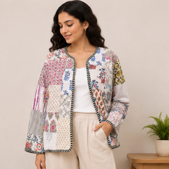 Cotton Kantha Quilt Jacket for Women | patchwork Handmade White Boho Jacket - kraafty-com