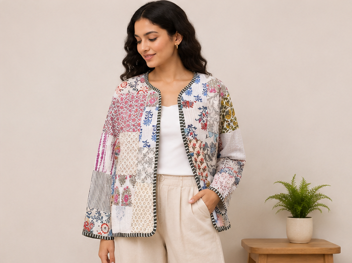 Cotton Kantha Quilt Jacket for Women | patchwork Handmade White Boho Jacket - kraafty-com