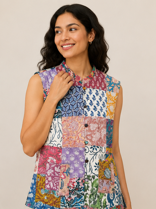 Cotton Kantha Quilt Jacket for Women | Handmade Boho Multi Jacket, Coat - kraafty-com