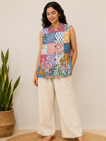 Cotton Kantha Quilt Jacket for Women | Handmade Boho Multi Jacket, Coat - kraafty-com
