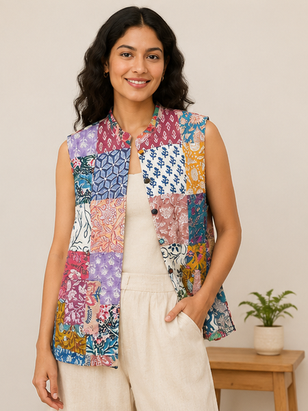 Cotton Kantha Quilt Jacket for Women | Handmade Boho Multi Jacket, Coat - kraafty-com