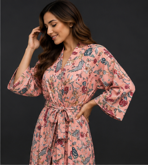 Women's Cotton Kimono Robe | Peach Long Bathrobe & Dressing Gown - kraafty-com
