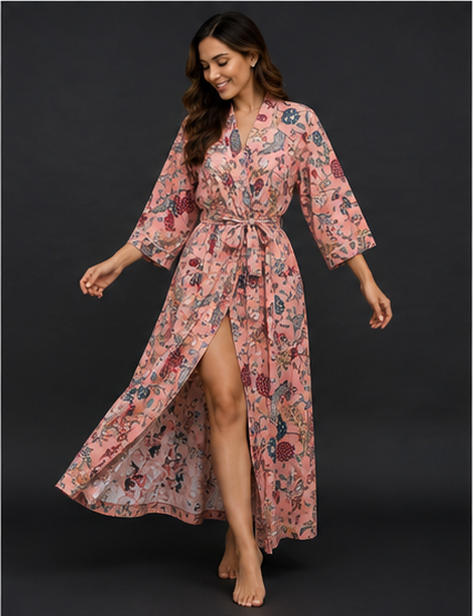 Women's Cotton Kimono Robe | Peach Long Bathrobe & Dressing Gown - kraafty-com