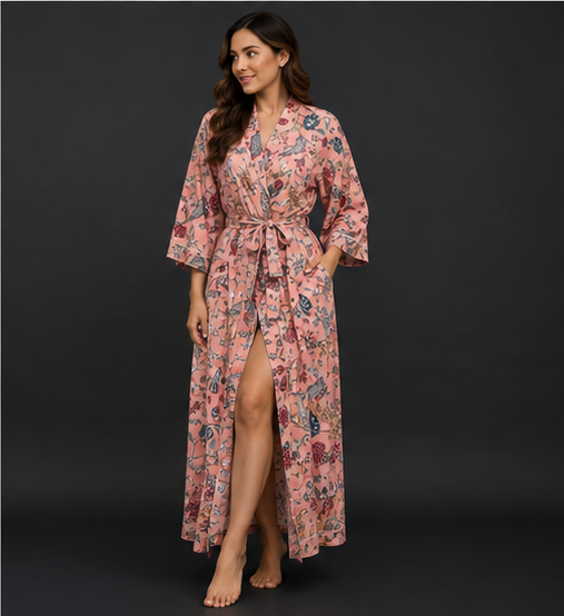 Women's Cotton Kimono Robe | Peach Long Bathrobe & Dressing Gown - kraafty-com