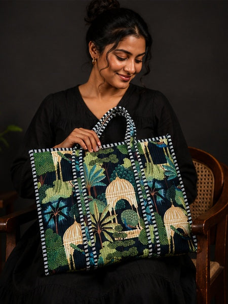 Handmade Reversible Cotton Tote Bag | Green Quilted Design - kraafty-com