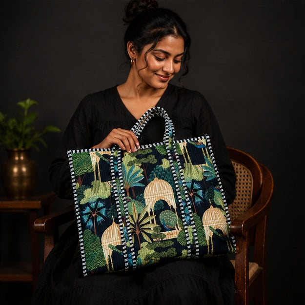 Handmade Reversible Cotton Tote Bag | Green Quilted Design - kraafty-com