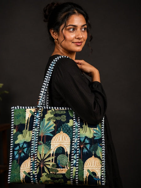 Handmade Reversible Cotton Tote Bag | Green Quilted Design - kraafty-com