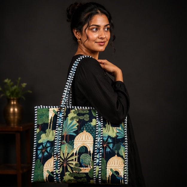 Handmade Reversible Cotton Tote Bag | Green Quilted Design - kraafty-com